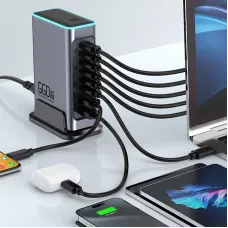 [GaN Tech] Bakeey WLX-F8L 660W 8-Port USB PD Charger 2USB-A+6USB-C PD QC3.0 FCP AFC Fast Charging with RGB Light Desktop Charging Station EU Plug US Plug for iPhone 16 16 Pro 15 14 13 Pro Max for Huawei Pura X for Xiaomi 15pro