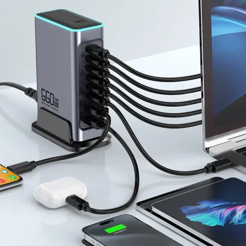 [GaN Tech] Bakeey WLX-F8L 660W 8-Port USB PD Charger 2USB-A+6USB-C PD QC3.0 FCP AFC Fast Charging with RGB Light Desktop Charging Station EU Plug US Plug for iPhone 16 16 Pro 15 14 13 Pro Max for Huawei Pura X for Xiaomi 15pro