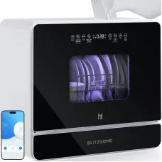 BlitzHome BH-6-CDW1 Smart Portable Countertop Dishwasher With APP Control 5.2L Built-in Water Tank 9 Programs PTC Hot Air Drying 3D 360 3 Sprayers Water-Saving