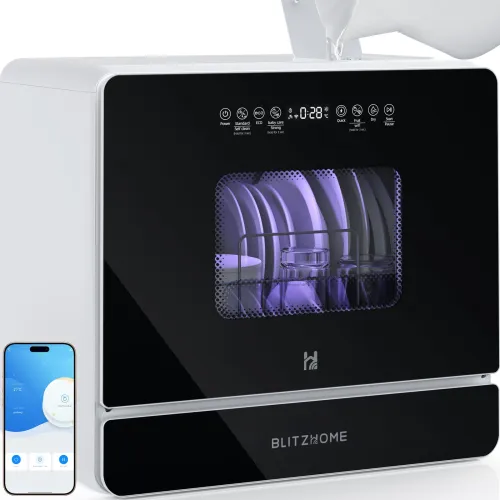 BlitzHome BH-6-CDW1 Smart Portable Countertop Dishwasher With APP Control 5.2L Built-in Water Tank 9 Programs PTC Hot Air Drying 3D 360 3 Sprayers Water-Saving