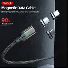 3A USB-A to Micro/IP/Type-C Magnetic Cable Fast Charging Data Transmission Copper Core Line 1M/2M Long for iPhone 16 15 Pro 14 13 12 Pro Max for Huawei Mate XT for Xiaomi 15 pro for Samsung Galaxy Z Flip6