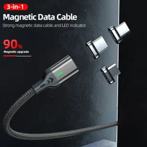 3A USB-A to Micro/IP/Type-C Magnetic Cable Fast Charging Data Transmission Copper Core Line 1M/2M Long for iPhone 16 15 Pro 14 13 12 Pro Max for Huawei Mate XT for Xiaomi 15 pro for Samsung Galaxy Z Flip6