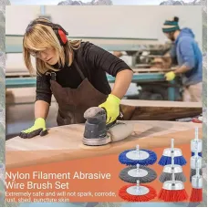 9 PCS Filament Abrasive Nylon Wire Brush Wheel Set Rust Paint Remover 1/4 Inch Hex Drill Shank Metal Wood Plastic Cleaner Light Sanding Deburring Cleaning Tools