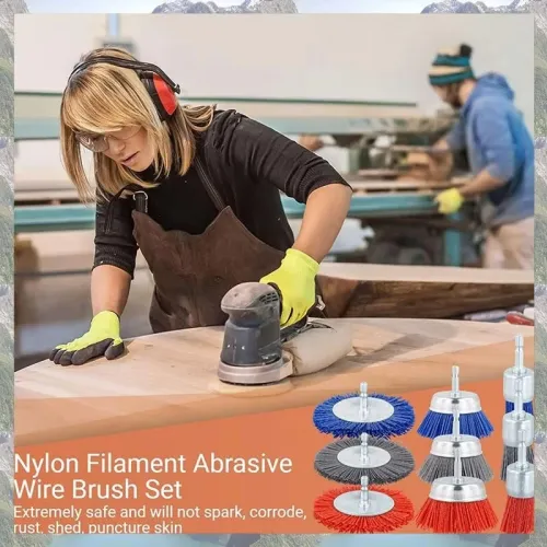 9 PCS Filament Abrasive Nylon Wire Brush Wheel Set Rust Paint Remover 1/4 Inch Hex Drill Shank Metal Wood Plastic Cleaner Light Sanding Deburring Cleaning Tools