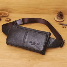 Ekphero Men Genuine Leather Waist Bag Large Capacity Three-layer Zipper Single Shoulder Bag Multifunctional Mini Chest Bag