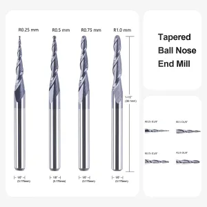 1/8 Inch Shank Tapered CNC Router Bits Ball Nose End Mill Set TiAIN Coated 2 Flute Cutting Tool for Carving Engraving Cutting Wood Metal Acrylic MDF
