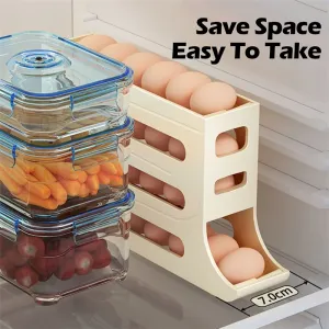 Automatic Scrolling Egg Rack Holder High Capacity Storage Box with Individual Egg Recess for Fresh Keeping and Organization in Kitchen Fridge Freezer