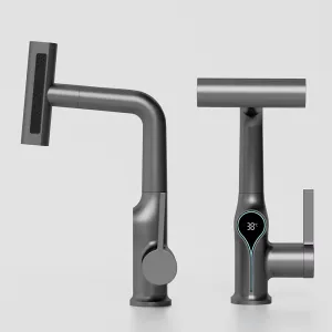 Waterfall Temperature Digital Display Basin Faucet Lift Up Down Stream Sprayer Hot Cold Water Sink Mixer Wash Tap For Bathroom Kitchen