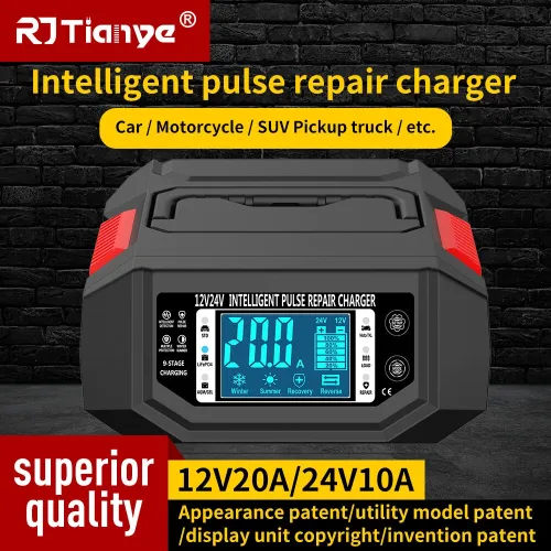 RJtianye Car Battery Charger 12V 20A 24V 10A 9 Stage Intelligent Pulse Repair Charger Smart Charging for Vehicle Motorcycle SUV Truck Lead-Acid RJ-E122001A