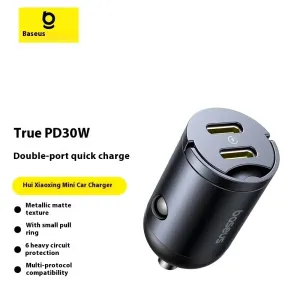 Baseus 30W 2-Port USB PD Car Charger Adapter USB-C+USB-C PD QC SCP FCP AFC Fast Charging for iPhone 16 16 Pro 15 14 13 Pro Max for Huawei Mate XT for Xiaomi MIX Fold4 for Samsung Galaxy Z Flip6