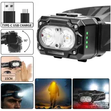 5850 Outdoor LEHeadlamp Motion Sensor Control Dual White Yellow Light and Red Safety Light 90 Adjustable Angle IPX4 Waterproof USB Rechargeable Head Torch for Camping Fishing