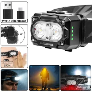 5850 Outdoor LEHeadlamp Motion Sensor Control Dual White Yellow Light and Red Safety Light 90 Adjustable Angle IPX4 Waterproof USB Rechargeable Head Torch for Camping Fishing