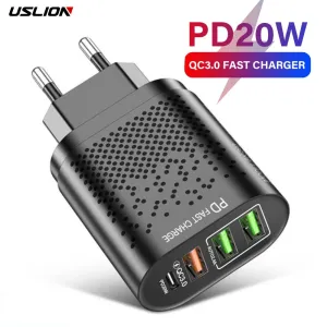 USLION 375-PD PD20W 4-Port USB PD Charger 3USB-A+USB-C PD QC3.0 Support AFC FCP Fast Charging Wall Charger Adapter EU Plug for iPhone 15 14 13 Pro for Samsung Galaxy Z Flip 6 for Honor Magic V3 for Huawei Nova Flip