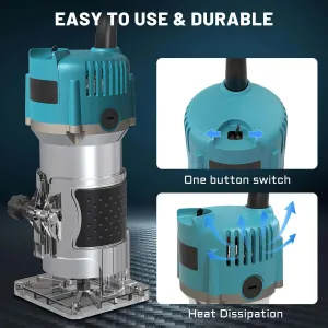 Electric Trimmer Wood Router 800W 30000RPM with 15 Tungsten Carbide Router Bits High Precision Transparent Base for Woodworking Grooving Trimming Carving