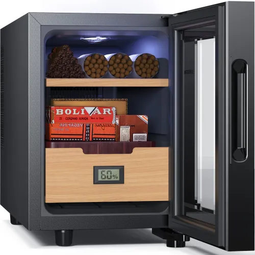 NEEDONE 16L Cooler Humidor, Electronic Cooler Humidor with Spanish Cedar Wood Shelves Upgraded Version with Digital Hygrometer Displays, 100 Capacity
