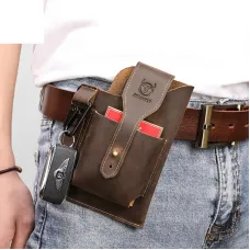 BULLCAPTAIN Genuine Leather Waist Bag for Men Belt Bag Packs 7inch Cell Phone Purse Waist Bag Wear Buckle Retro Belt Pack