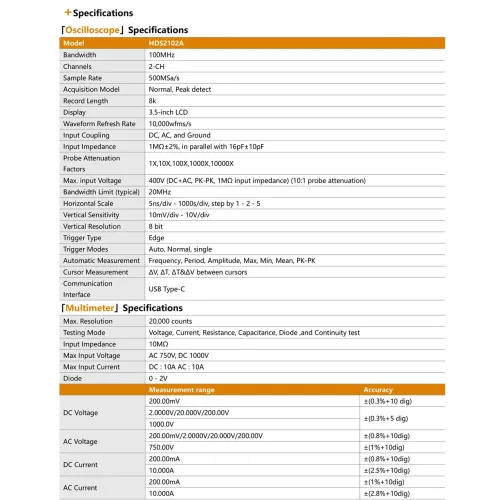OWON HDS2102A Automotive Diagnostic Oscilloscope 100MHz Bandwidth 500MSa/s Sampling Rate 2 Channels Multimeter CAN LIN Waveform Library Portable Rechargeable Battery