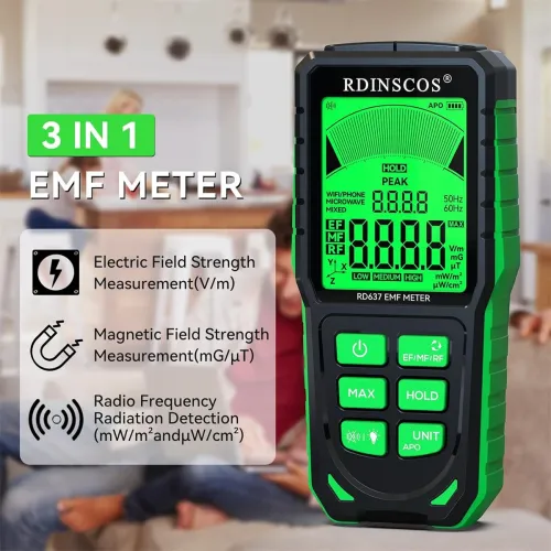 RD637 EMF Detector 3-in-1 Portable EMF Meter for 5G WiFi Smart Meters Tri-Color LCD Accurate Measurement Rechargeable Battery High-Precision Sensor