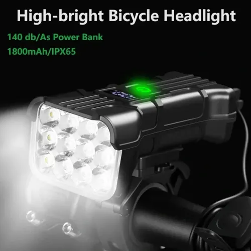 3 in 1 Multifunctional Bike Headlights 12 LEBeads 500Lm Brightness 140dB Bell Alarm 1800mAh Battery Display Power Bank IPX65 Waterproof USB-Rechargeable 360-degree Adjustment Bicycle Front Light for Night Cycling
