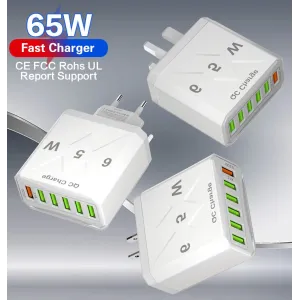 65W 6-Port USB Charger 3.1A USB-A*5 QC3.0 Fast Charging Wall Charger Adapter EU Plug US Plug for iPhone 12 13 14 14 Pro for Huawei Mate50 for Samsung Galaxy S23 for Oppo Reno9 for Redmi K60