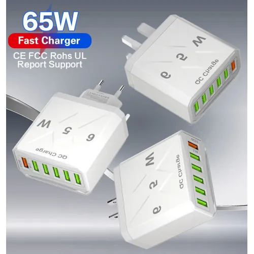 65W 6-Port USB Charger 3.1A USB-A*5 QC3.0 Fast Charging Wall Charger Adapter EU Plug US Plug for iPhone 12 13 14 14 Pro for Huawei Mate50 for Samsung Galaxy S23 for Oppo Reno9 for Redmi K60