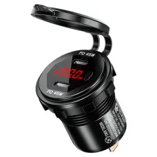 12-24V 90W Metal Car Charger Socket Dual 45W USB C Type C PD with ON/OFF Switch Voltage/Power Display for SUV Motorcycle Truck Boat Bus RV ATV