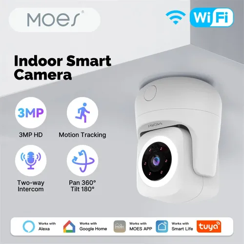 MOES 3MP Tuya Smart WiFi Indoor Camera Wireless PTZ HD Night Vision Motion Detect Two-way Intercom Home Security Monitoring Works with Alexa Google Assistant