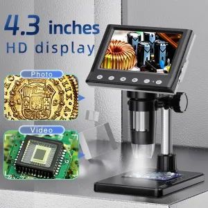 DM7 Digital Microscope 4.3 Inch Screen 50X-1000X Magnification Adjustable 8 LED Lights Type-C Port High Definition Video Resolution 1080P