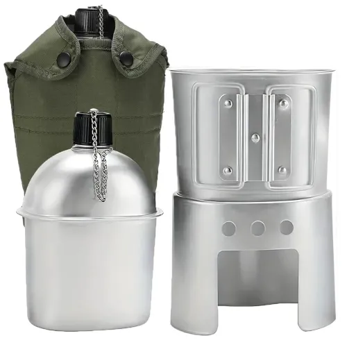 IPRee Aluminum Water Canteen Cup Wood Stove Pouch Set Portable Military Canteen for Outdoor Camping Survival Experience Hiking Backpacking