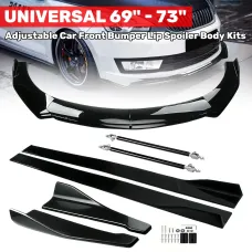 69" - 73" Adjustable Car Front Bumper Lip Spoiler Body Kits Universal + 86.6"/ 2M Car Side Skirt Extension Rocker Panel Body Kit + 18.89" Auto Rear Lip + Adjustable 8-11" Splitter Rods