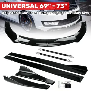 69" - 73" Adjustable Car Front Bumper Lip Spoiler Body Kits Universal + 86.6"/ 2M Car Side Skirt Extension Rocker Panel Body Kit + 18.89" Auto Rear Lip + Adjustable 8-11" Splitter Rods