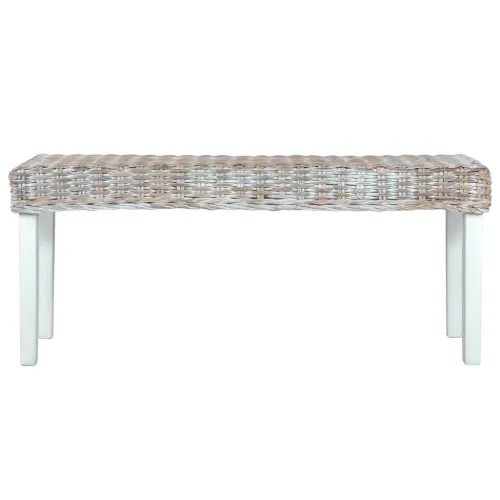 Bench 43.3" White Natural Kubu Rattan and Solid Mango Wood