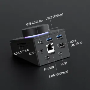 Hagibis Knob USB-C Hub with Shortcut Buttons Type-C RGB Docking Station with 5Gbps USB3.0*2 / 5Gbps USB-C / PD100W USB-C / HOST / 4K@60Hz HD / 1000M RJ45 / SD3.0/TF3.0 Volume Adjustment Desktop Controller for Macbook Win Laptop