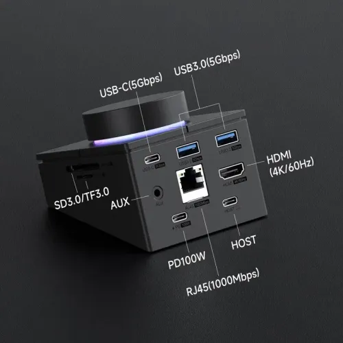 Hagibis Knob USB-C Hub with Shortcut Buttons Type-C RGB Docking Station with 5Gbps USB3.0*2 / 5Gbps USB-C / PD100W USB-C / HOST / 4K@60Hz HD / 1000M RJ45 / SD3.0/TF3.0 Volume Adjustment Desktop Controller for Macbook Win Laptop