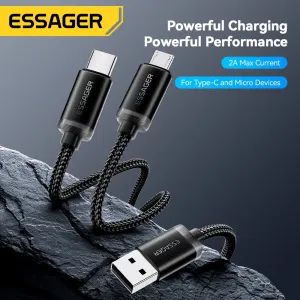ESSAGER ES-X60 2A USB-A to Type-C+Micro USB Cable Fast Charging Data Transmission Tinned Copper Core Line 1.2M Long for iPhone 16 15 15 Plus for Huawei Mate XT for Xiaomi MIX Fold4 for Samsung Galaxy Z Flip6