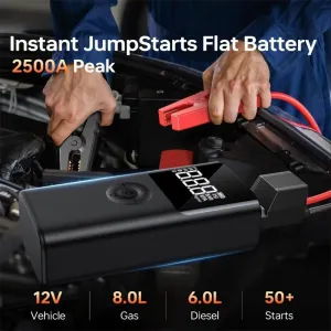 Portable Car Jump Starter Air Compressor Power Bank 12V Battery Booster Supports 8.0L Gas 6.5L Diesel LED Flashlight Tire Inflator USB Charging
