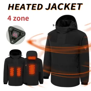 TENGOO HJ-04B 4 Zones Heated Jacket -3-Gear Thermal, with Digital Display, Windproof & High Neck Hooded, Unisex Comfort Coat for Winter Hiking Outdoor Sport
