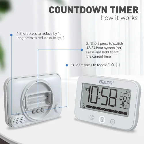BALDR Waterproof Countdown Thermometer Hygrometer Multifunctional Electronic Thermometer And Hygrometer With Countdown Function Bathroom Clock Thermometer Hygrometer Alarm Reminder