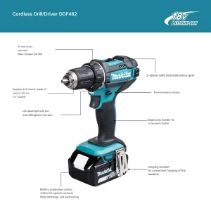 DDF482Z Cordless Drill 18V Power Tool 2-Speed Metal Gearbox Double LED Light High Torque 1900 RPM Lightweight Compact Design Wood Steel Drilling 21 Torque Settings