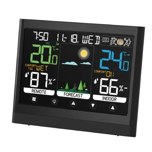 Wireless Weather Station Touchscreen Display Indoor Outdoor Temperature Humidity Forecast Moon Phase Comfort Level with Sensor