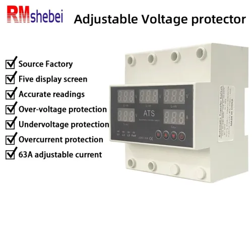 Five-Screen Auto-Switching Three-Phase Digital Voltage Protector 63A 220V Adjustable Over/Under Voltage Protection Device with Real-Time Monitoring