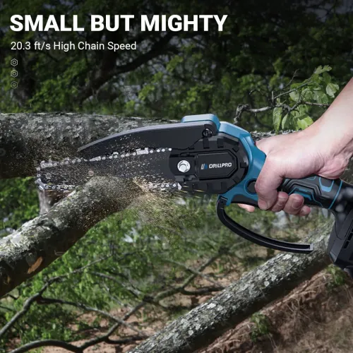 Drillpro 6 Inch Mini Cordless Chainsaw with Safety Lock High-Capacity Battery Ultra-Light Weight Easy-Use Garden Pruning Cutting Tool Woodworking Handheld Outdoor Equipment
