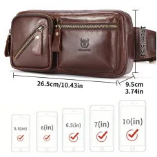 BULLCAPTAIN Men's Genuine Leather Waist Bag Large Capacity Chest Bag Outdoor Sports Zipper Fanny Packs