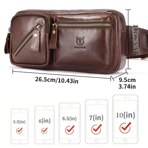 BULLCAPTAIN Men's Genuine Leather Waist Bag Large Capacity Chest Bag Outdoor Sports Zipper Fanny Packs