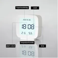 Digital Alarm Clock 12/24H Electronic Alarm Clock Voice-activated Backlight Temperature Humidity Nightlight Table Clocks with Snooze Function