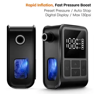 WESBIKING Mini Electric Air Pump 130PSAuto-Stop Portable Digital Display Type-Charging Illuminated Inflator Pump for Bike Moto Balls