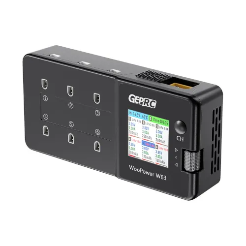 GEPRC WooPower W63 78W 3A*6 6 Ports  1S Lipo Battery Charger Discharger with Storage Function 1.54-Inch IPS Display Support LiPo/LiHV/LiFe 1S Battery PH2.0/BT2.0  Plug
