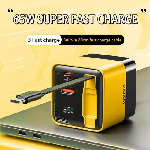 [GaN Tech] WEKOME WP-U39 65W 2-Port USB PD Charger USB-A+USB-C Built-in Telescopic Type-C Cable Fast Charging Wall Charger Adapter EU Plug US Plug for iPhone 16 15 14 13 Pro for Huawei Mate XT for Samsung Galaxy Z Fold6 for Xiaomi MIX Fold4