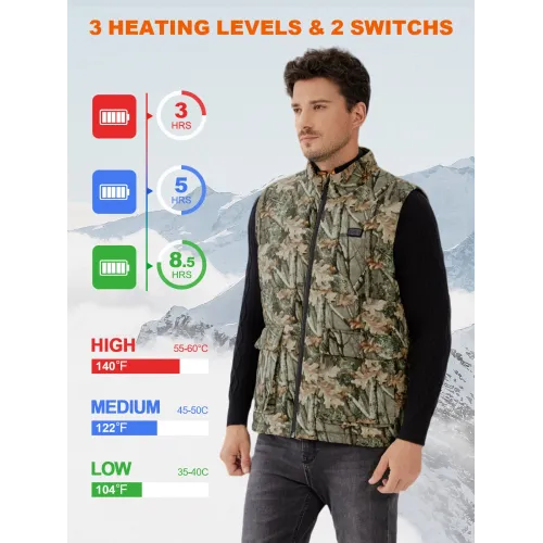 Auxo Heated Outdoors Vest for Men with 10000mAh Power Bank Included, 7 Heating Zones, Lightweight Camo Electric Heated Vest