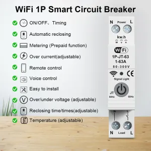 Smart WiFi Circuit Breaker Meter, Rated Voltage AC230 Protection Against Overload Lightnin Overcurrent Self-Recovery Supports Tuya App & Smart Life and Voice Control Easy Installation